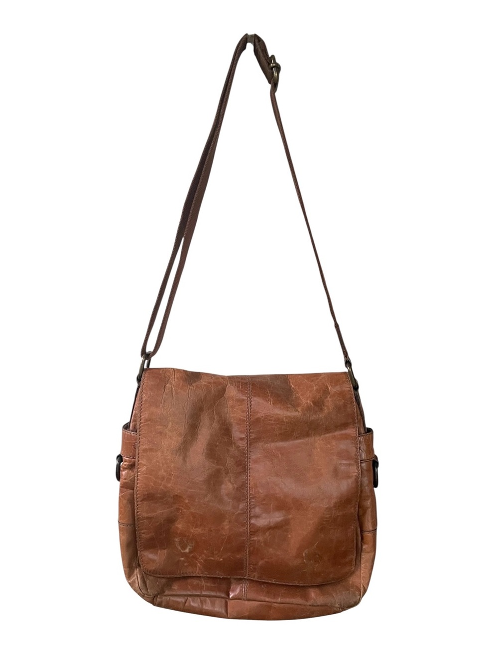 Vintage Fossil Cognac Brown Leather Flap Messenger Crossbody Bag